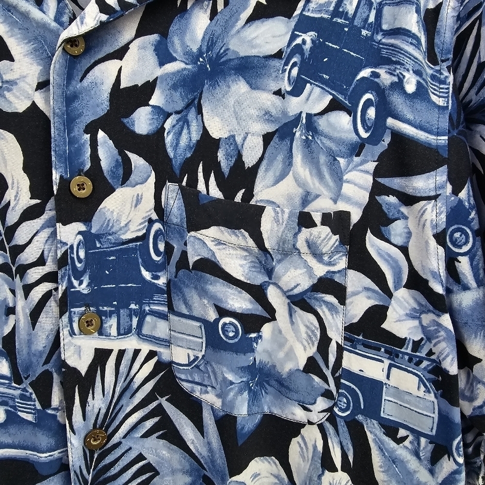 PANAMA JACK Short Sleeve Button-up Shirt Floral/Cars Print Blue Mens Sz L - Picture 7 of 12